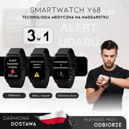 Smartwatch Y68 | Medyczny Monitor 3 w 1 (Glukoza, Ciśnienie, Ryzyko Udarowe) | Menu po polsku